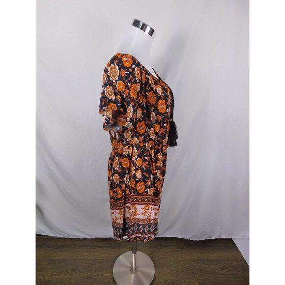 SHEIN Curve Dress Womens 1XL Black Orange Boho Floral Tassel Tie Short Sleeve - Picture 8 of 12